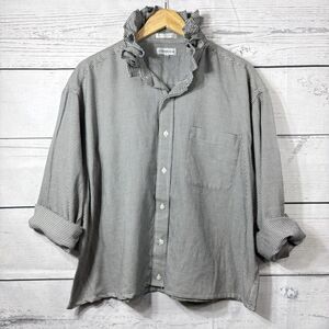 Ruffle Collar Button up Blouse Reworked Upcycle Houndstooth Check XL or XXL Wmns